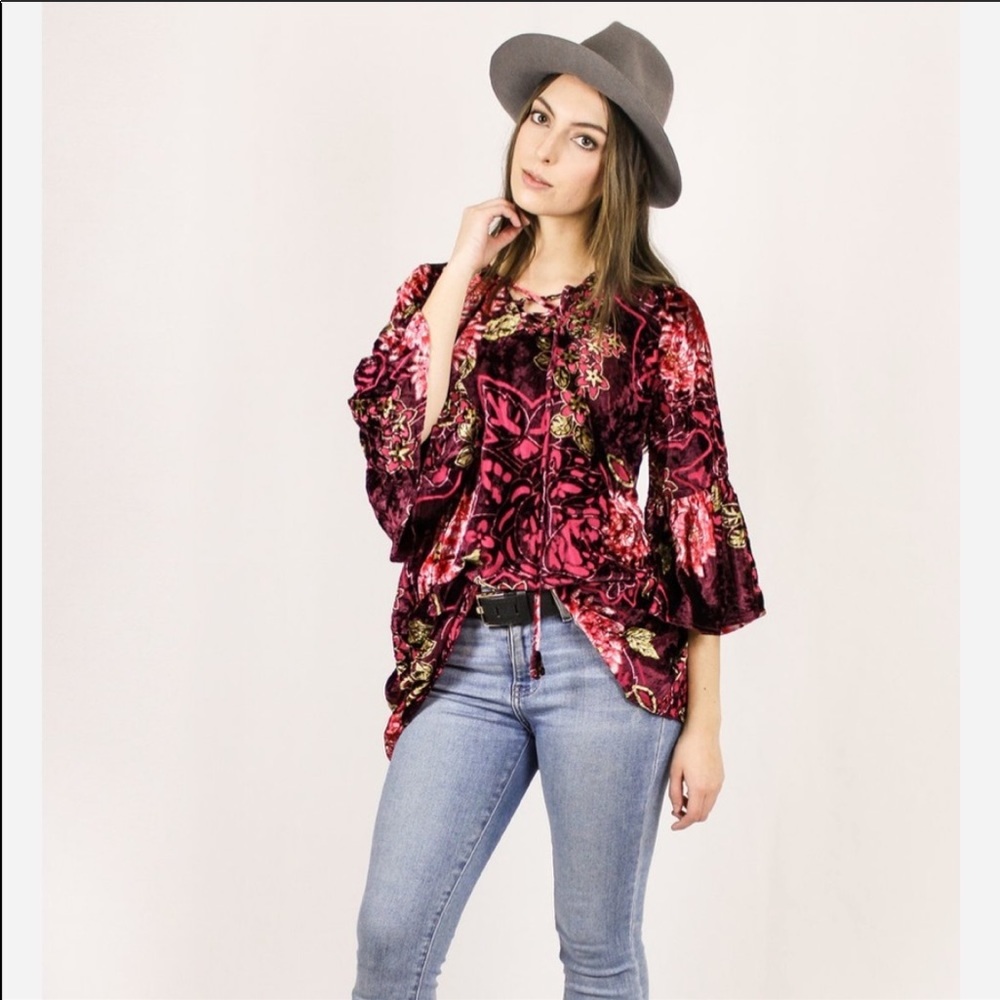 Velvet Tunic with flare sleeves, criss cross top